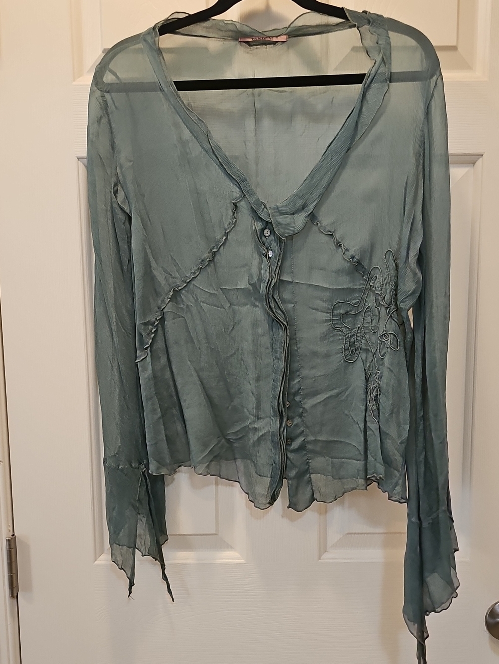 Tandem brand Size 34 Light Teal Silk Sheer Button-Front Flowing Women's Top